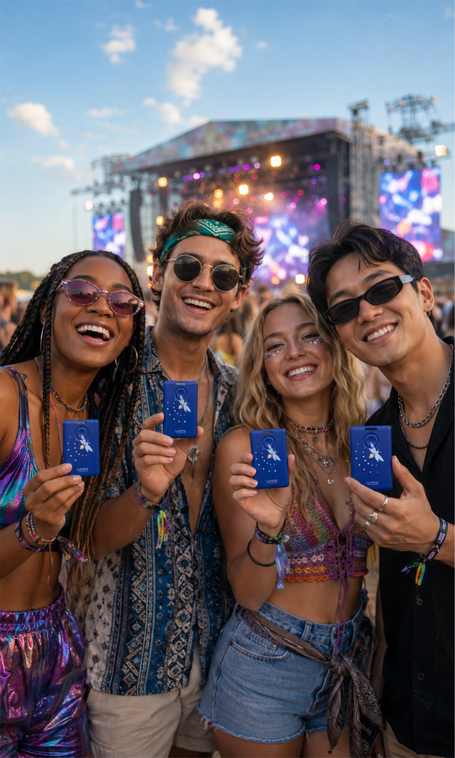 Four young adults smiling together at an outdoor music festival, each holding up a blue Lumina device with a firefly logo. A brightly lit concert stage is in the background.