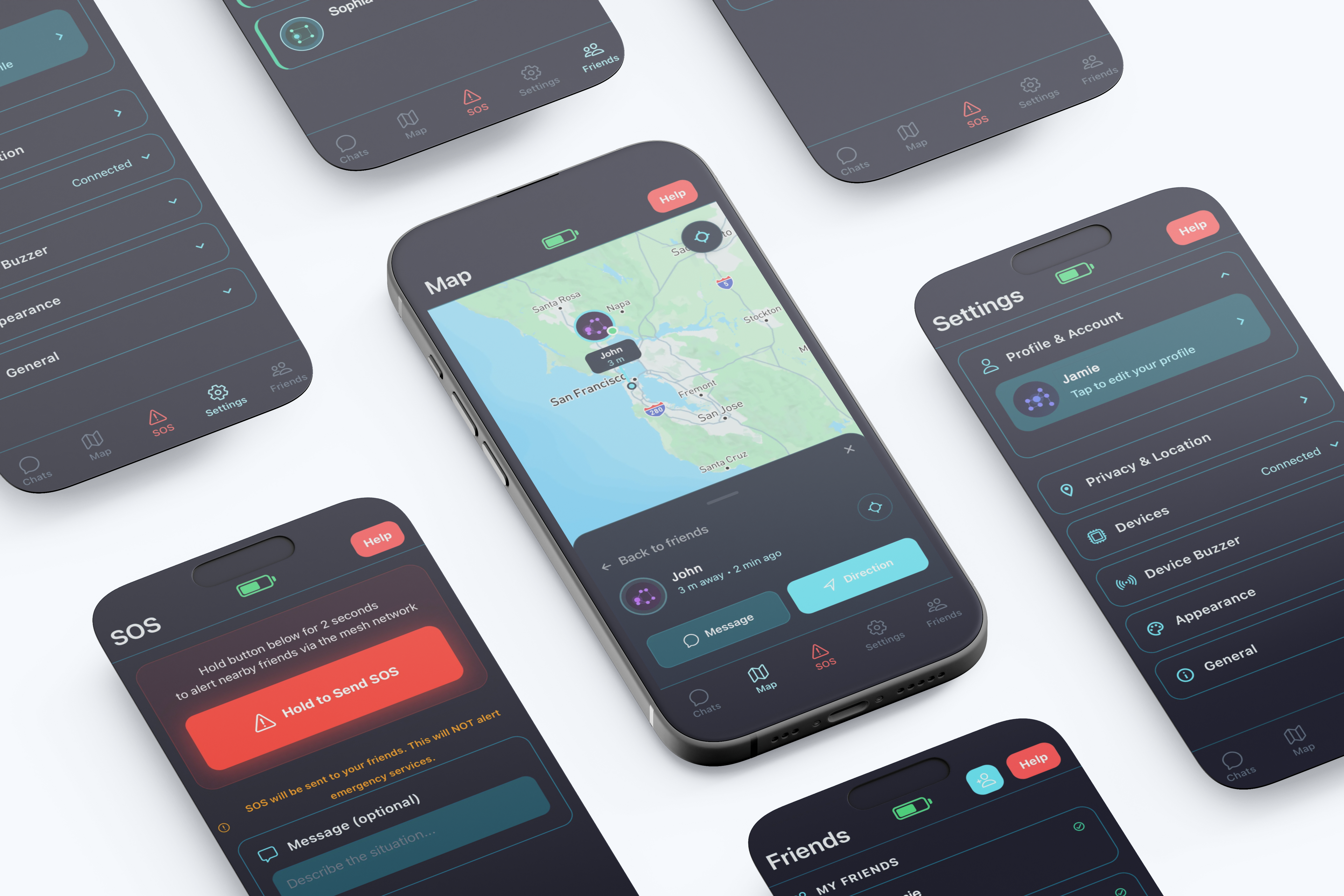 Multiple smartphones displaying different screens of the Lumina Link app. The screens highlight key features including a map interface, a settings menu, a friends list, and a red SOS emergency button.