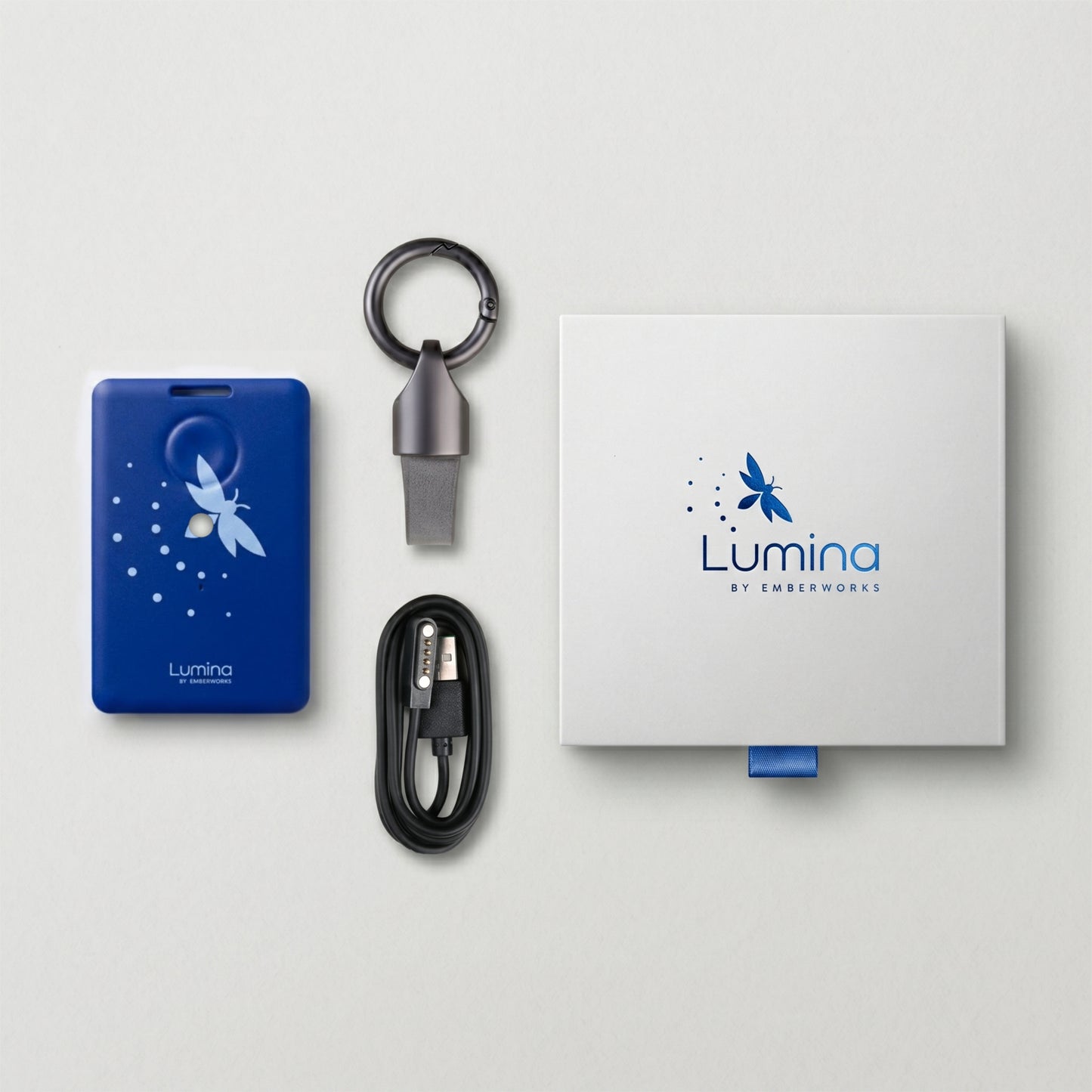 Top-down view of a blue Lumina device, included accessories, and packaging box with the Lumina logo. Included accessories featured are a dark metal carabiner clip and a charging cable.