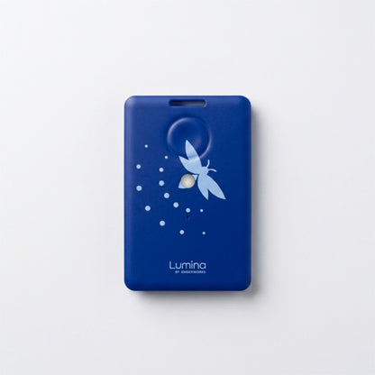 Blue device with a firefly design and 'Lumina' branding on a light gray background.